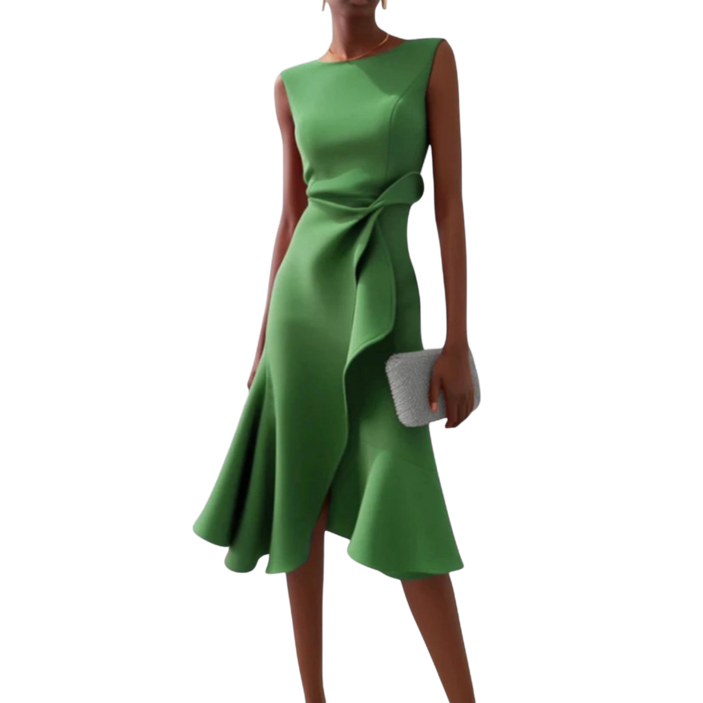 Vestido midi sin mangas verde con drapeado cruzado en la cintura y falda acampanada