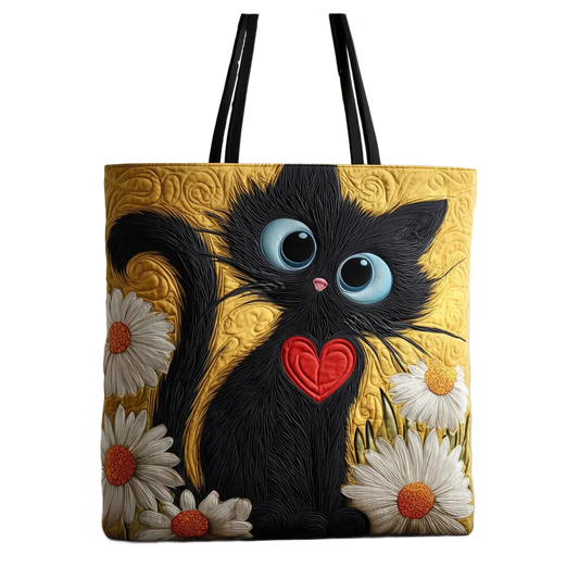 Bolso artesanal tipo tote con gato negro, corazón rojo y margaritas blancas, asas largas