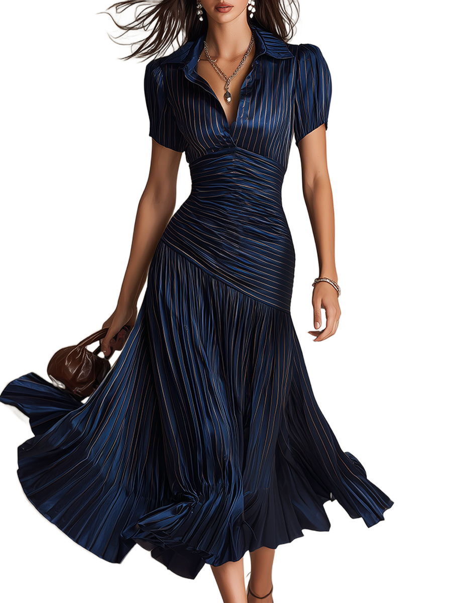 Vestido midi de satén azul oscuro con rayas retro verticales, cuello camisero y mangas abullonadas