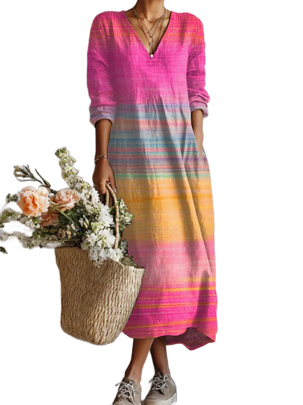 Vestido midi de rayas multicolor con cuello V y mangas sueltas