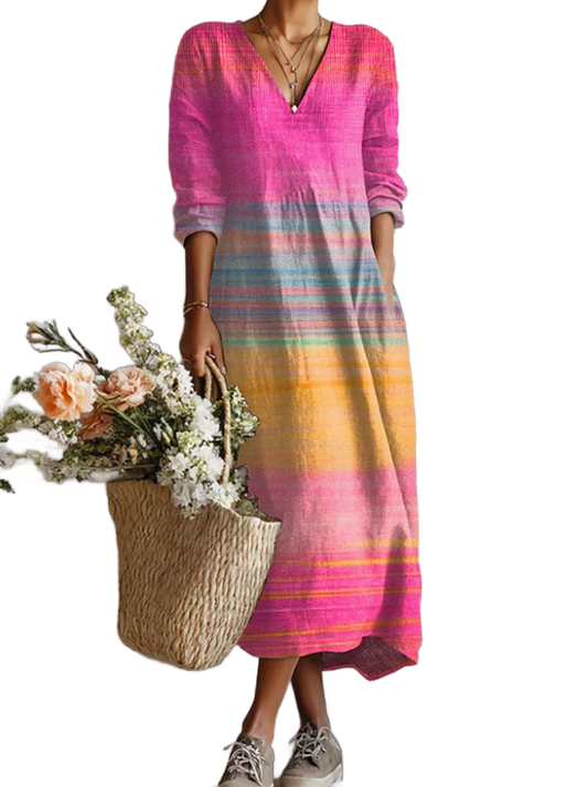 Vestido midi de rayas multicolor con cuello V y mangas sueltas
