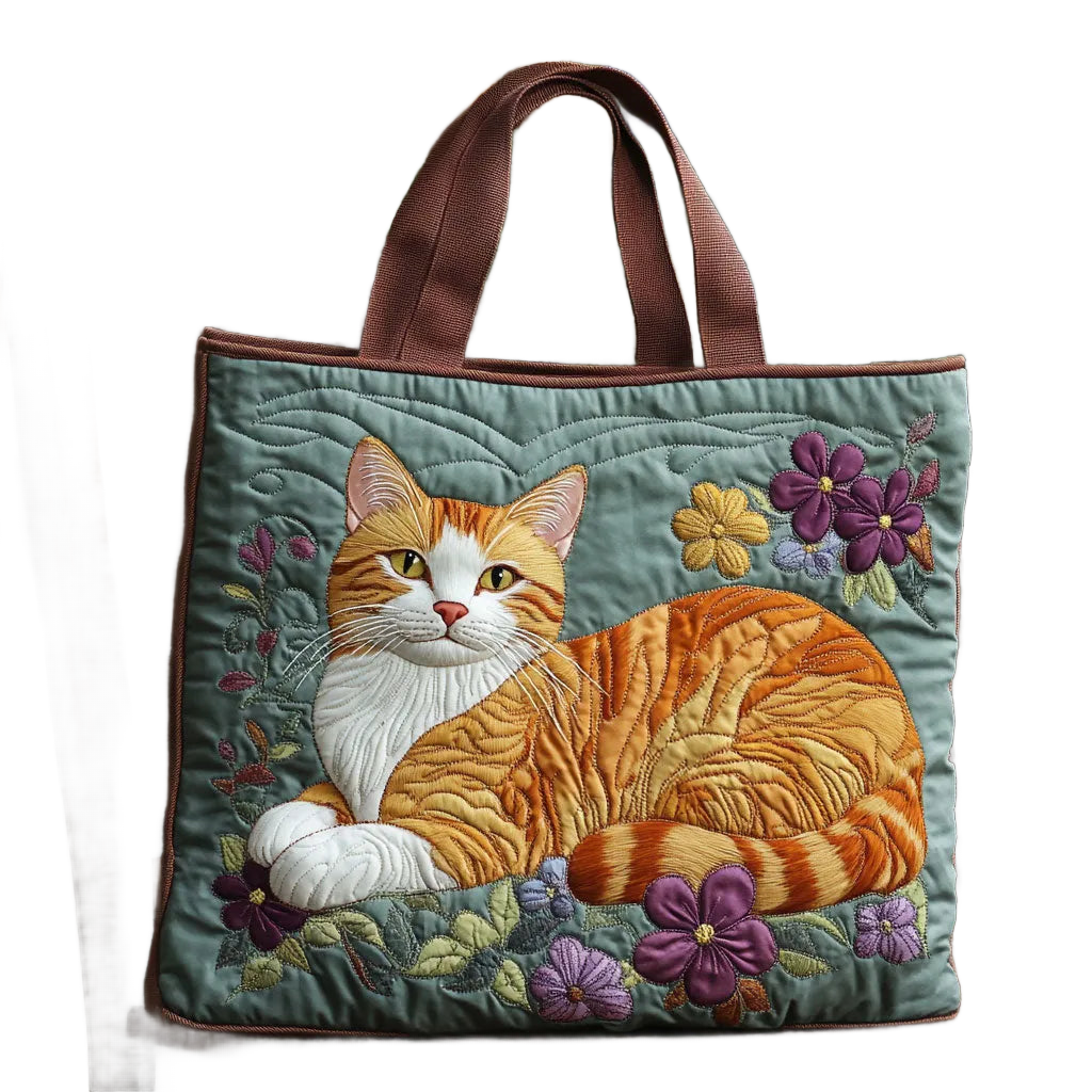 Bolso de mano tipo tote acolchado con bordado de gato naranja y flores