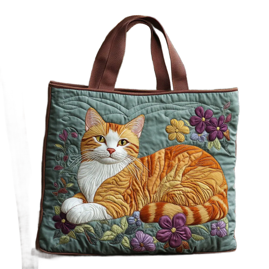 Bolso de mano tipo tote acolchado con bordado de gato naranja y flores