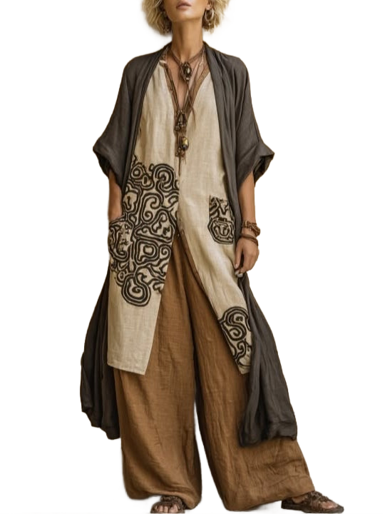 Conjunto bohemio con kimono gris oscuro, túnica beige y pantalón marrón con bordado