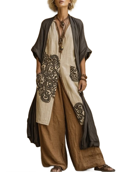 Conjunto bohemio con kimono gris oscuro, túnica beige y pantalón marrón con bordado
