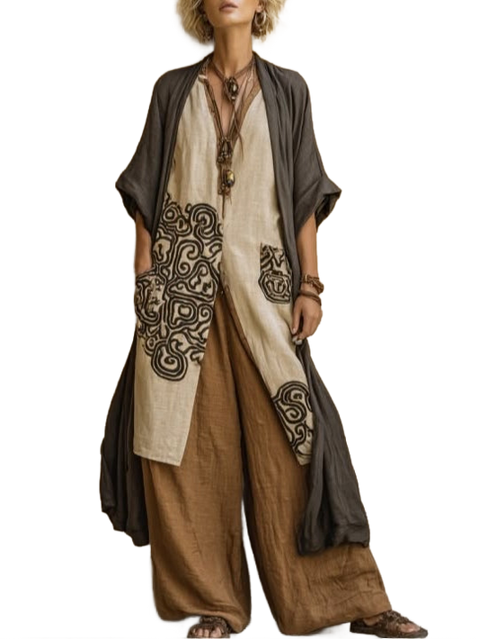 Conjunto bohemio con kimono gris oscuro, túnica beige y pantalón marrón con bordado