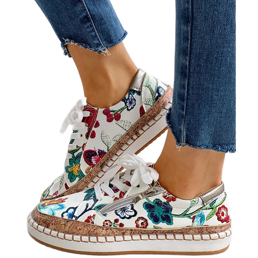 Zapatillas ortopédicas blancas con flores vintage multicolor, suela de esparto y cordones
