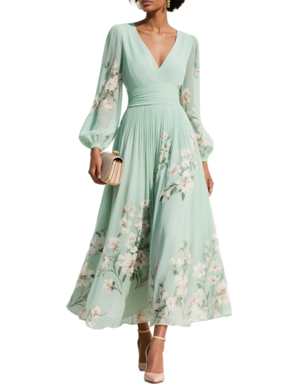 Vestido largo de gasa menta con estampado floral, falda vaporosa y escote en V.