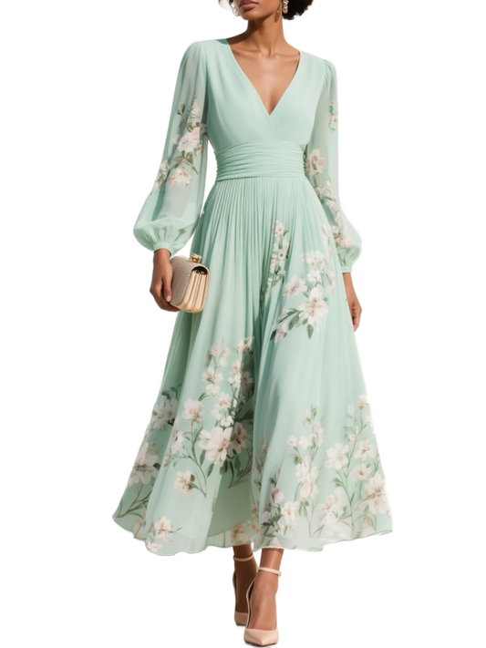 Vestido largo de gasa menta con estampado floral, falda vaporosa y escote en V.
