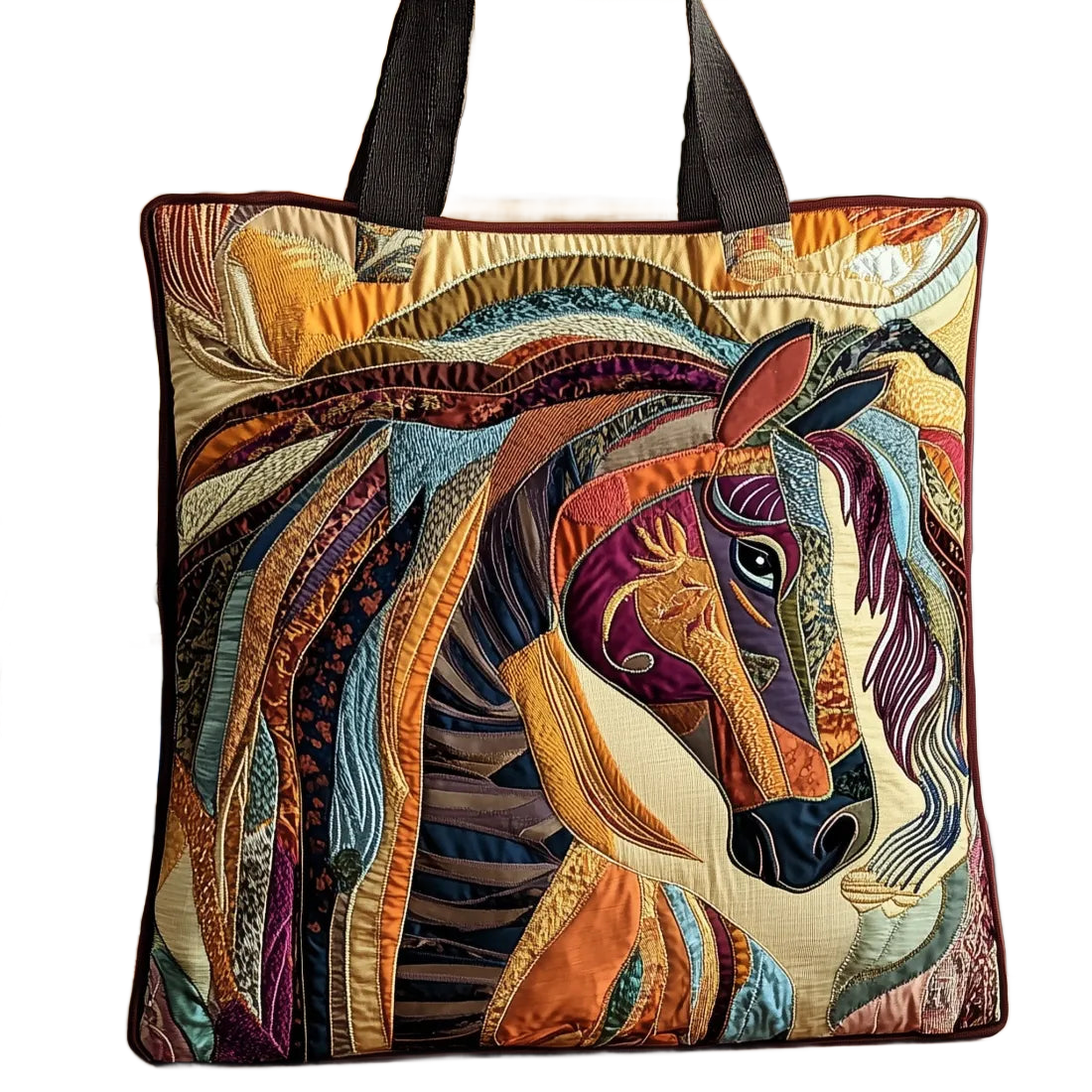 Bolso artesanal tipo tote con mosaico de caballo, asas negras y ribete acolchado