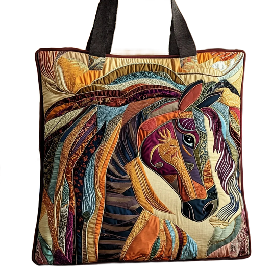 Bolso artesanal tipo tote con mosaico de caballo, asas negras y ribete acolchado