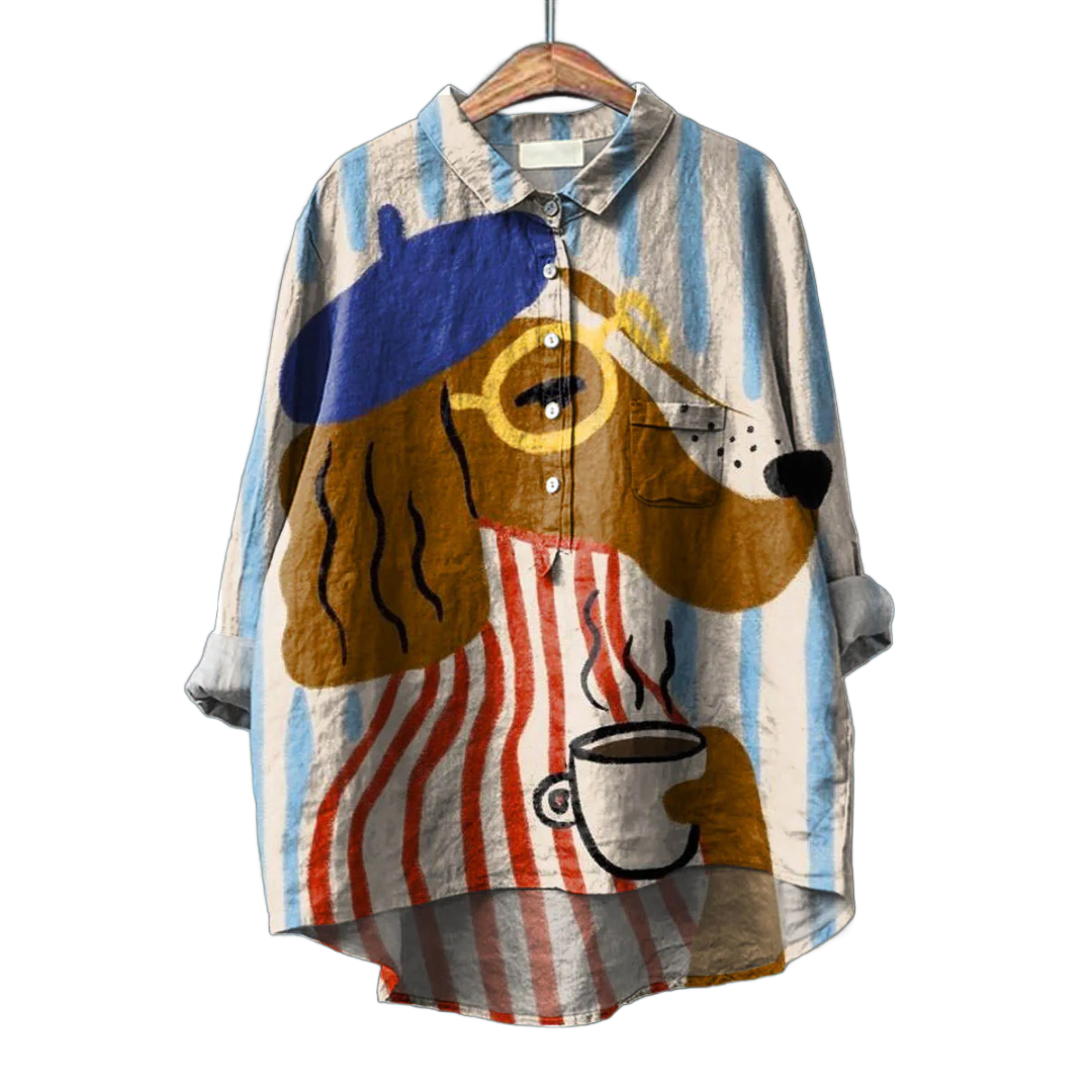 Camisa de lino multicolor con estampado abstracto y botones frontales