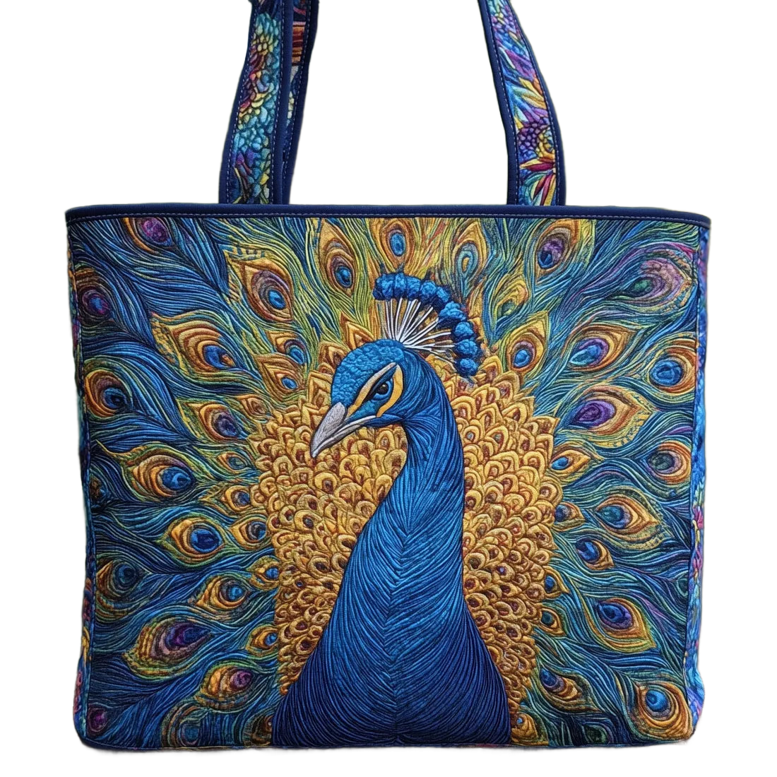 Bolsa de mano artesanal con pavo real azul, asas largas y diseño bordado