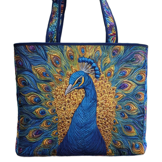 Bolsa de mano artesanal con pavo real azul, asas largas y diseño bordado