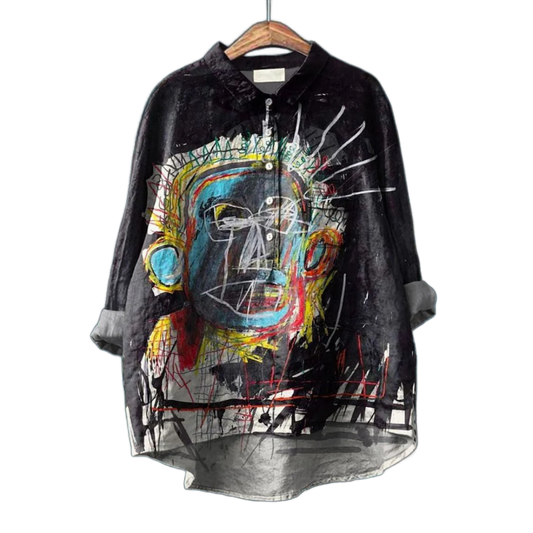 Camisa de lino negra con estampado abstracto, cuello y botones frontales