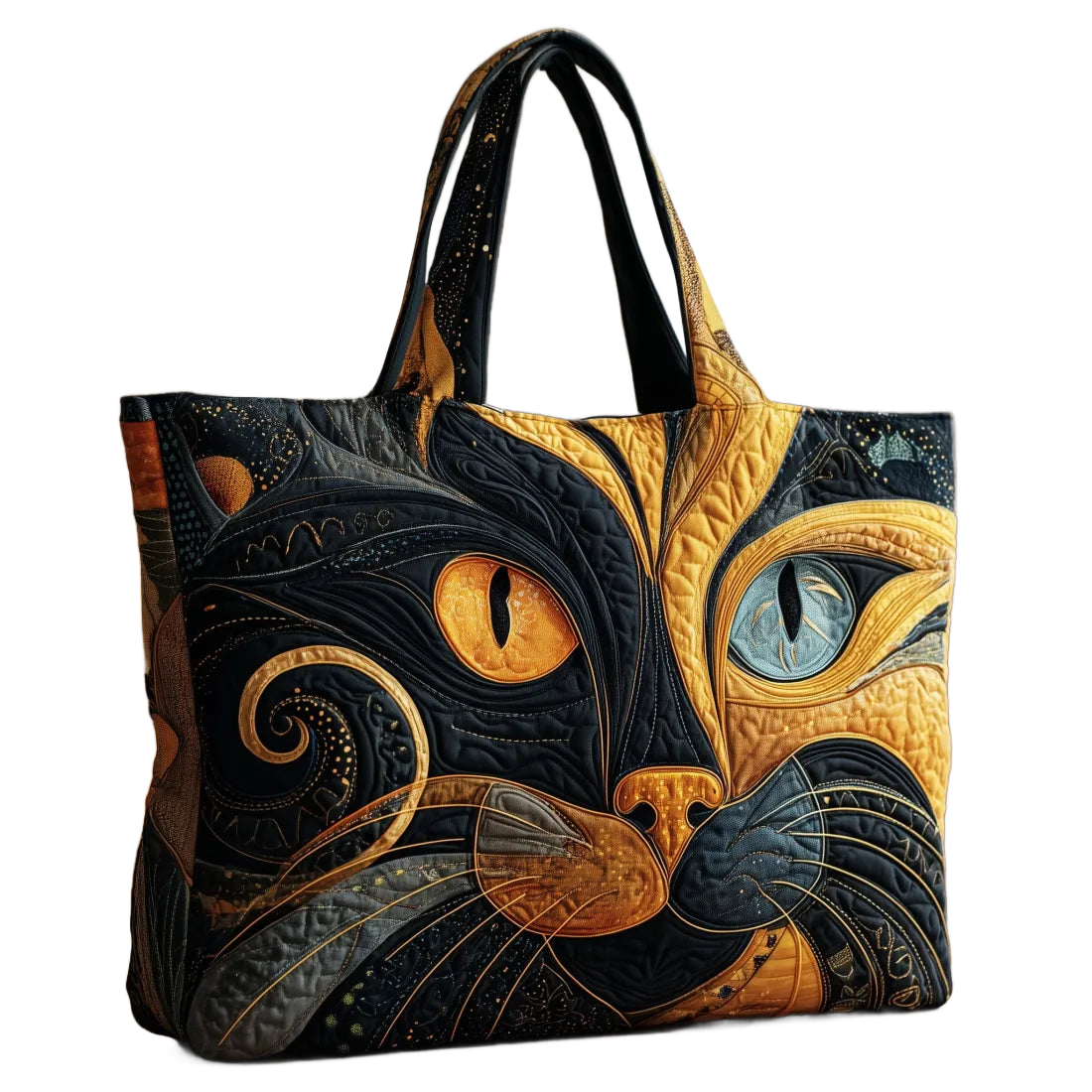 Bolso artesanal de tela negro con apliques de gato místico en tonos dorados y azules