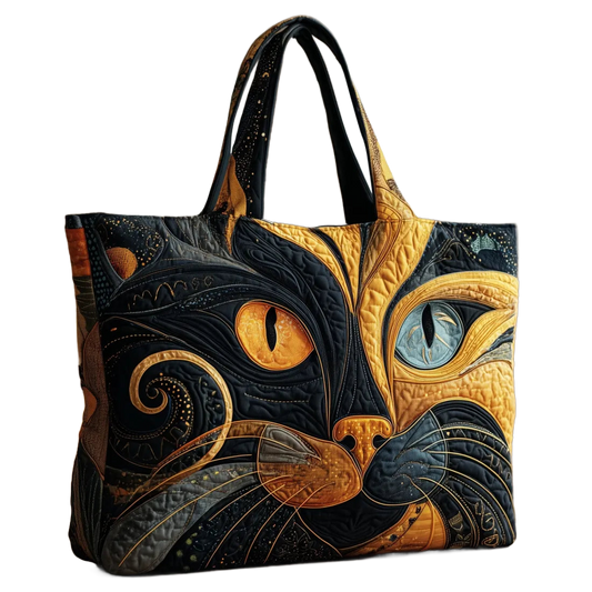 Bolso artesanal de tela negro con apliques de gato místico en tonos dorados y azules