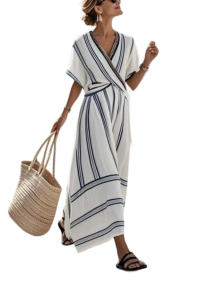 Vestido de verano blanco cruzado con rayas azul marino, manga corta y falda midi