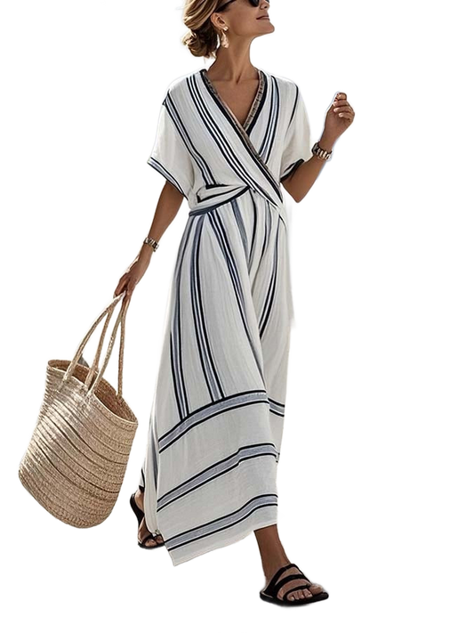 Vestido de verano blanco cruzado con rayas azul marino, manga corta y falda midi