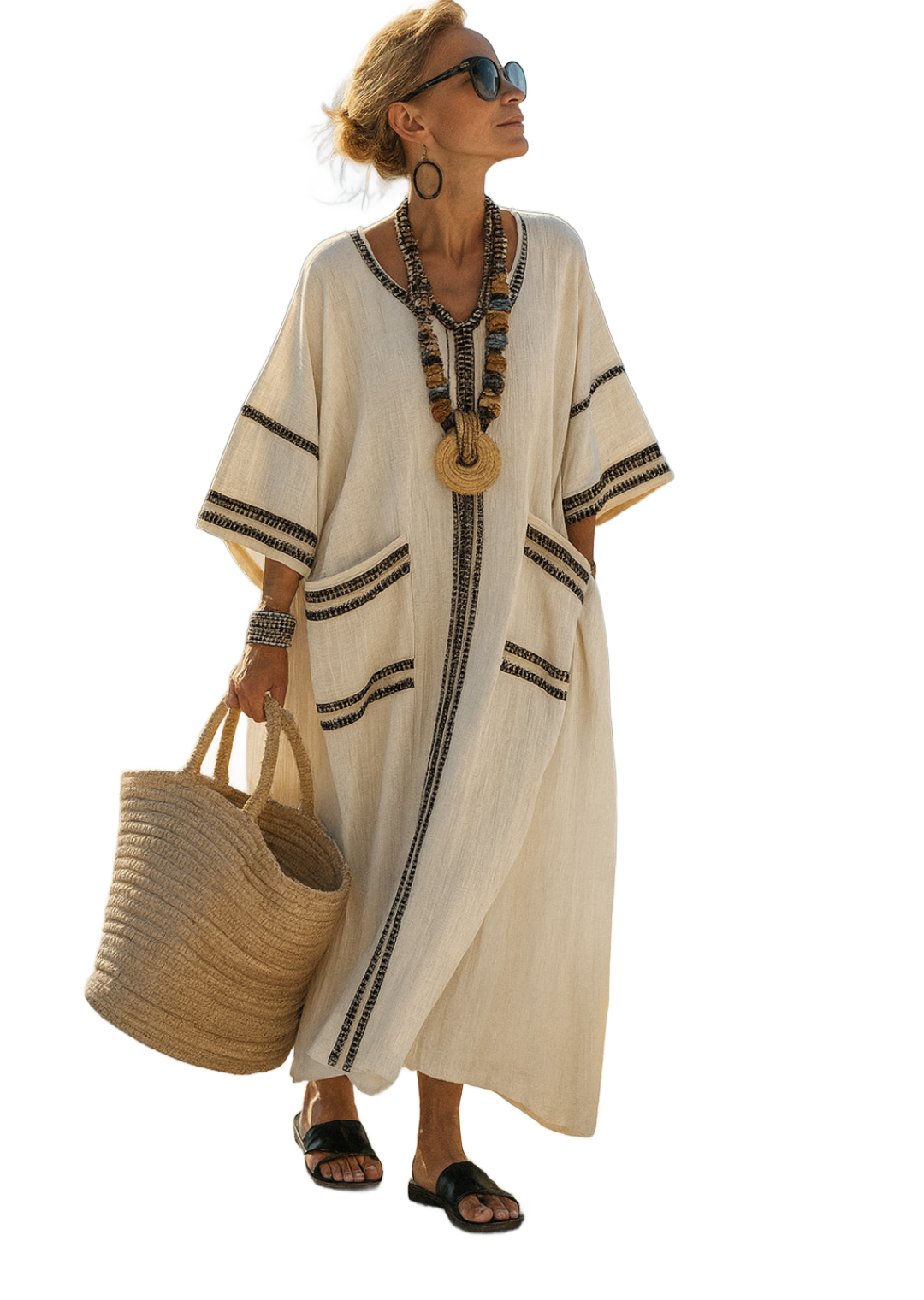 Vestido caftán tono claro con detalles en azul marino, cuello con abertura y mangas tipo kimono.