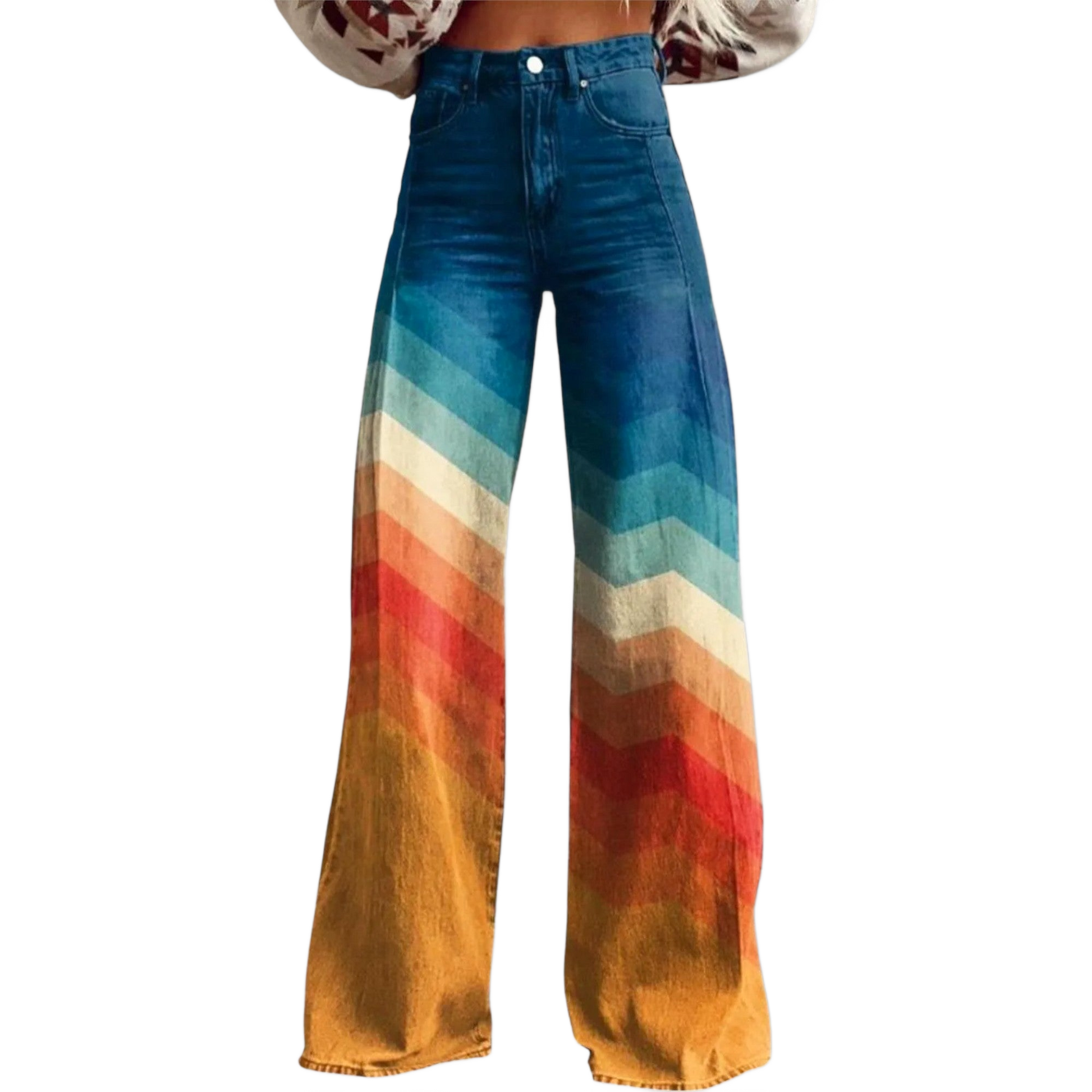 Vaqueros azules con diseños geométricos multicolor en las perneras