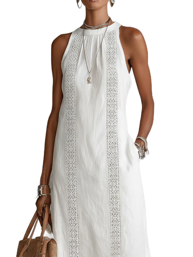 Vestido midi de lino blanco sin mangas con cuello mao y bordados frontales
