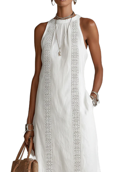 Vestido midi de lino blanco sin mangas con cuello mao y bordados frontales
