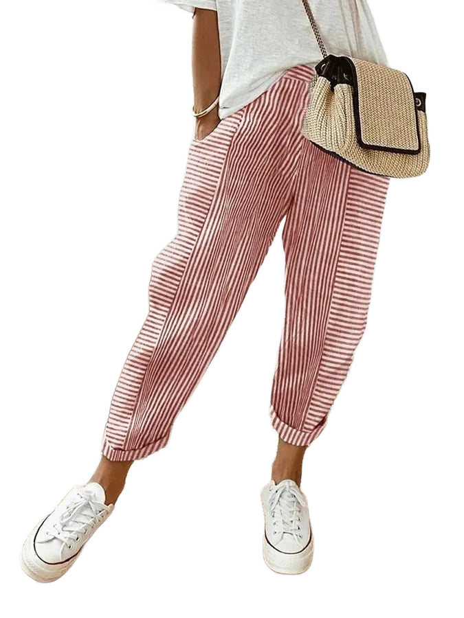Pantalones de corte ancho con rayas verticales rojas, cintura elástica