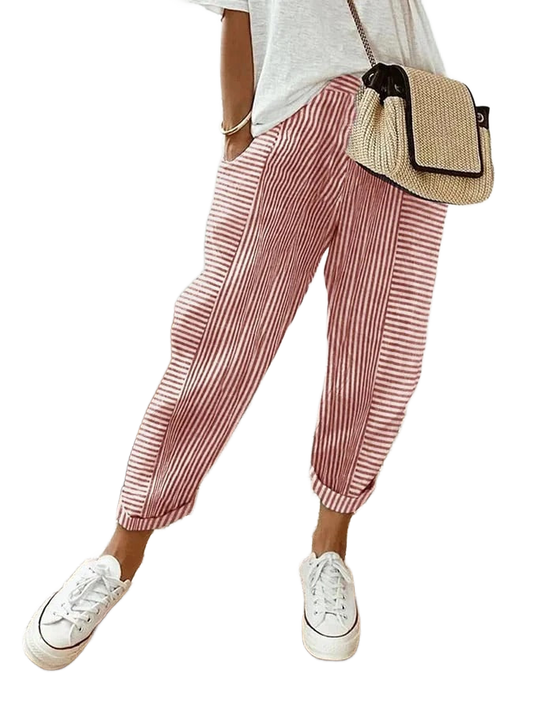 Pantalones de corte ancho con rayas verticales rojas, cintura elástica
