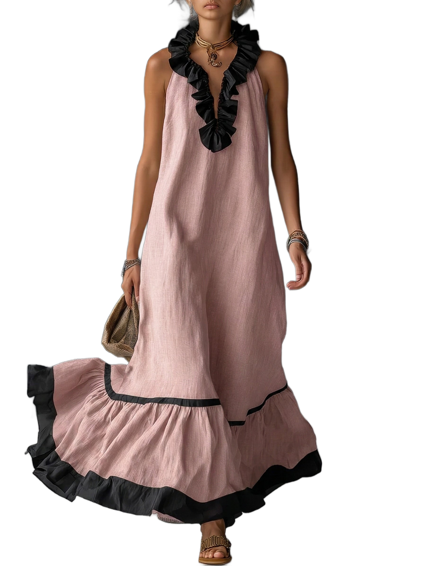 Vestido largo sin mangas rosa empolvado con volantes negros en el escote y dobladillo