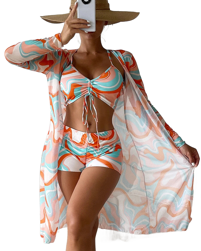Conjunto de bikini 3 piezas naranja y turquesa con top con lazos, short y kimono ligero