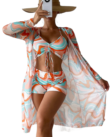 Conjunto de bikini 3 piezas naranja y turquesa con top con lazos, short y kimono ligero