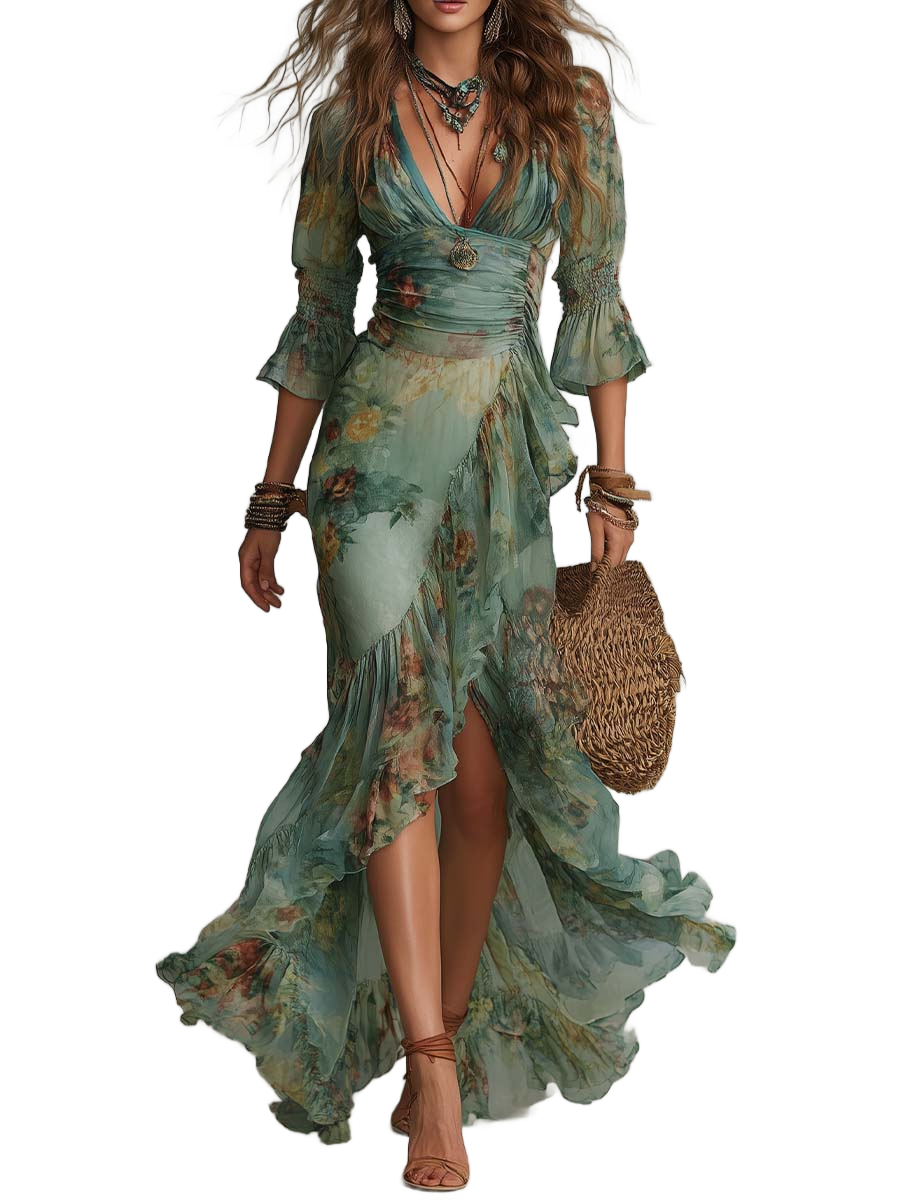 Vestido Atenea verde salvia estampado floral, falda larga de volantes y cierre cruzado