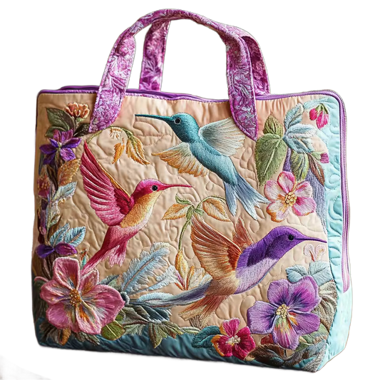 Bolso acolchado bordado a mano con aves y flores, asas moradas y ribete azul
