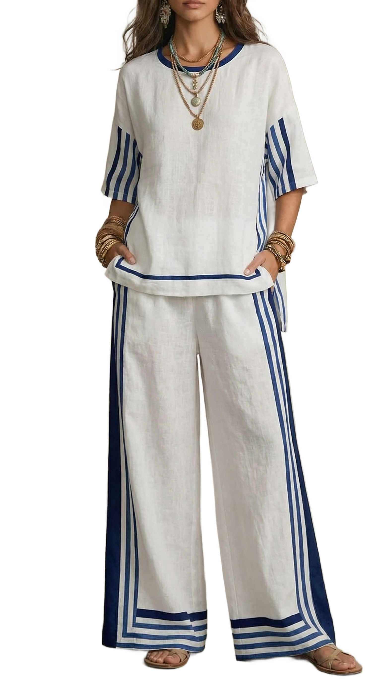 Conjunto de lino Reyna: blusa blanca de manga corta y pantalón ancho con ribetes azul marino