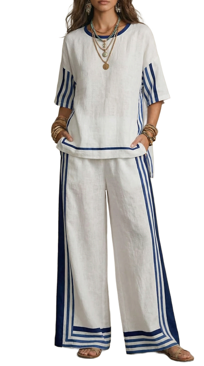 Conjunto de lino Reyna: blusa blanca de manga corta y pantalón ancho con ribetes azul marino