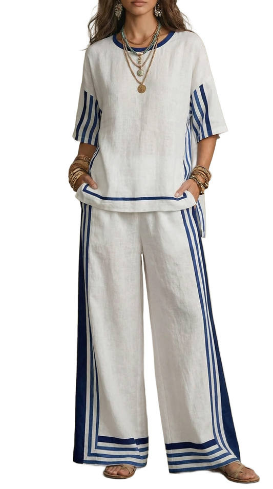 Conjunto de lino Reyna: blusa blanca de manga corta y pantalón ancho con ribetes azul marino