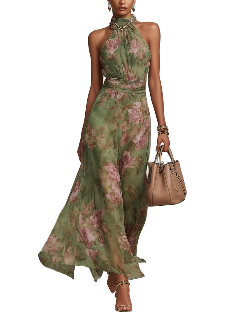 Vestido largo verde floral sin mangas con cuello halter alto y falda vaporosa
