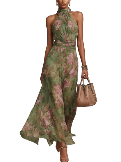 Vestido largo verde floral sin mangas con cuello halter alto y falda vaporosa