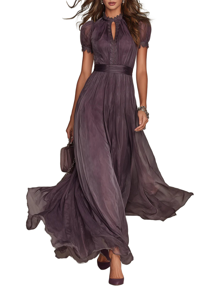 Vestido largo morado con escote llave, mangas abullonadas y falda de tul con vuelo