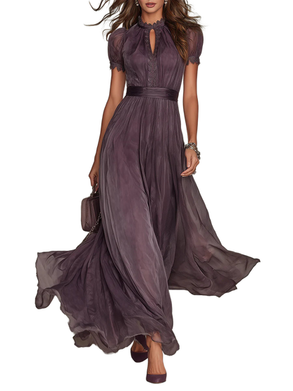 Vestido largo morado con escote llave, mangas abullonadas y falda de tul con vuelo