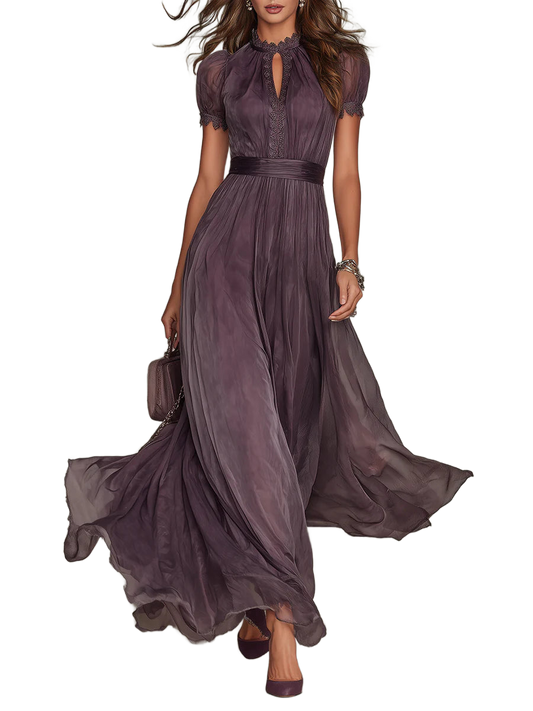 Vestido largo morado con escote llave, mangas abullonadas y falda de tul con vuelo