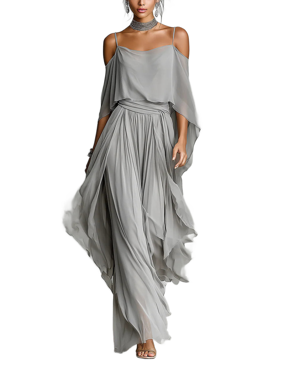 Conjunto gris con top de tirantes y pantalón holgado plisado de caída asimétrica