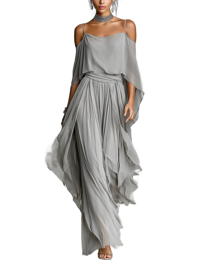 Conjunto gris con top de tirantes y pantalón holgado plisado de caída asimétrica