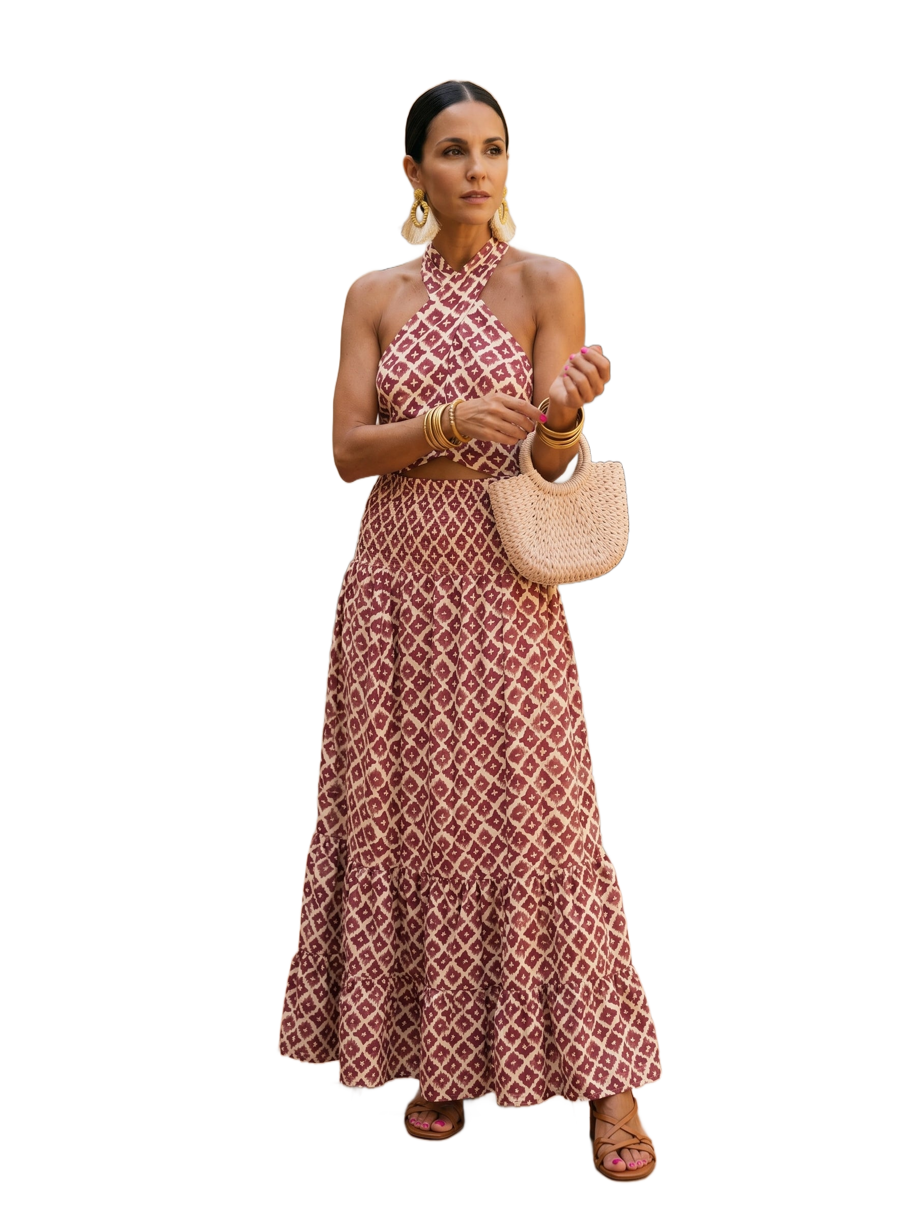 Vestido largo rojo con estampado geométrico, escote halter y falda con caída