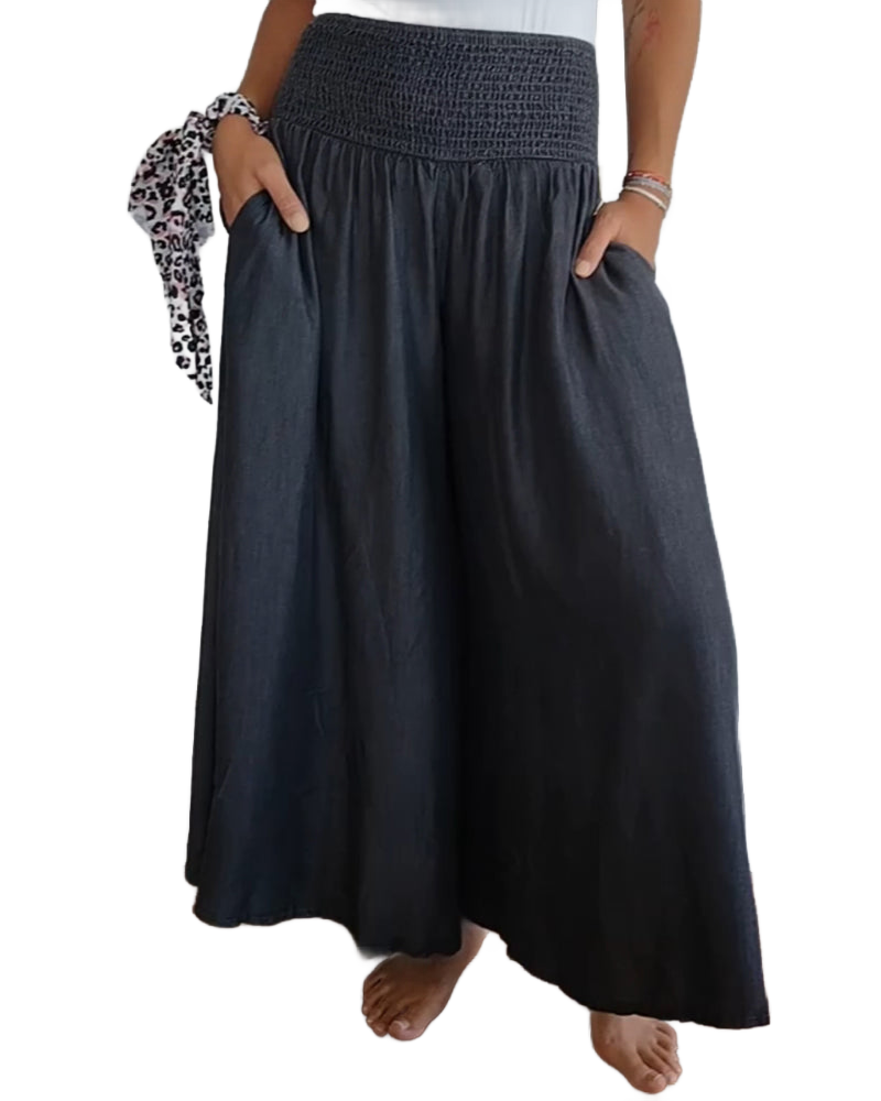 Pantalones de cintura alta con elástico, gris oscuro, pierna amplia vaporosa