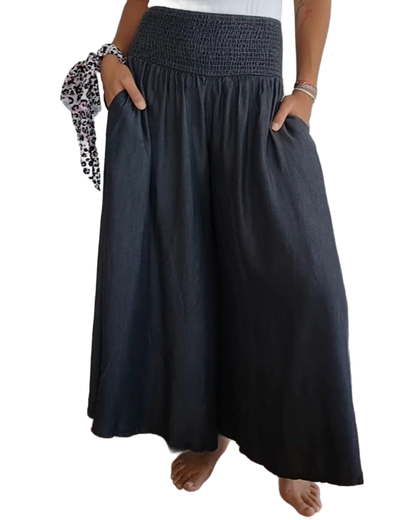 Pantalones de cintura alta con elástico, gris oscuro, pierna amplia vaporosa