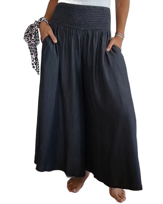 Pantalones de cintura alta con elástico, gris oscuro, pierna amplia vaporosa