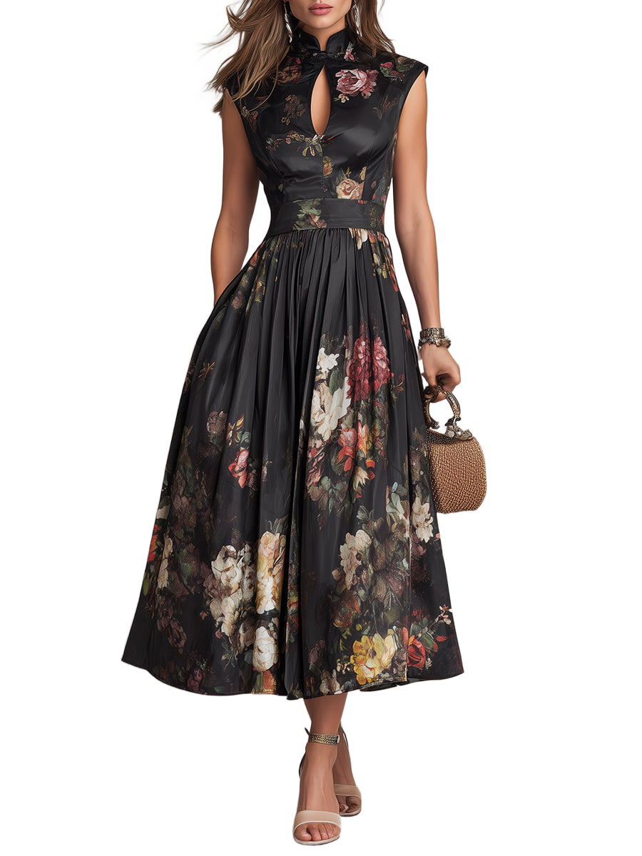 Vestido negro midi sin mangas, estampado floral y falda plisada con abertura frontal
