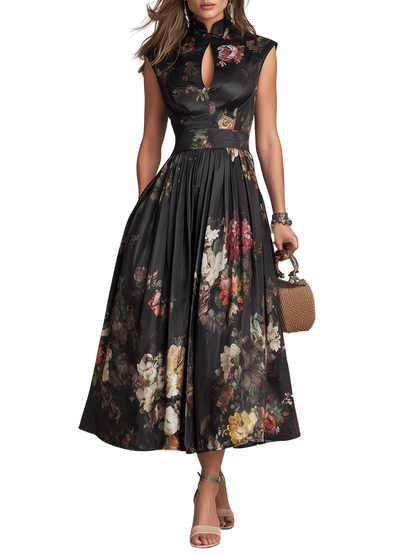Vestido negro midi sin mangas, estampado floral y falda plisada con abertura frontal